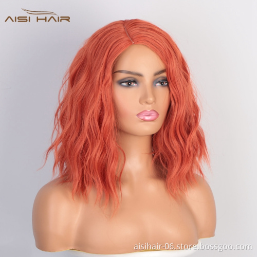 Aisi Hair Heat Resistant Synthetic Wigs For Black Women Side Part Body Wave Wig Short Wavy Orange Red Fiber Machine Made Wigs
